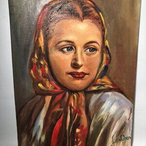 Vintage Oil Painting Portrait Of Ukrainian Girl on Canvas Panel Signed